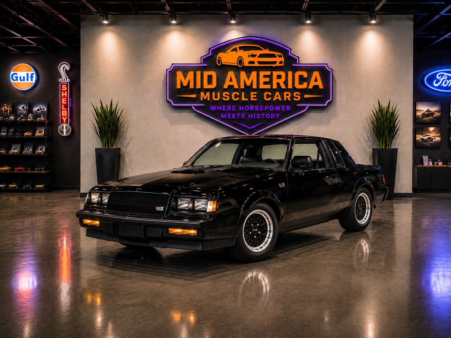 Mid-America Muscle Cars indoor showroom with a black Buick GNX under the illuminated wall sign