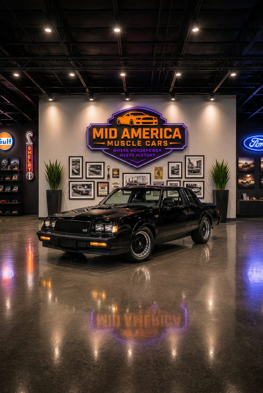 Mid-America Muscle Cars climate-controlled indoor showroom with a black Buick Grand National under the illuminated wall sign